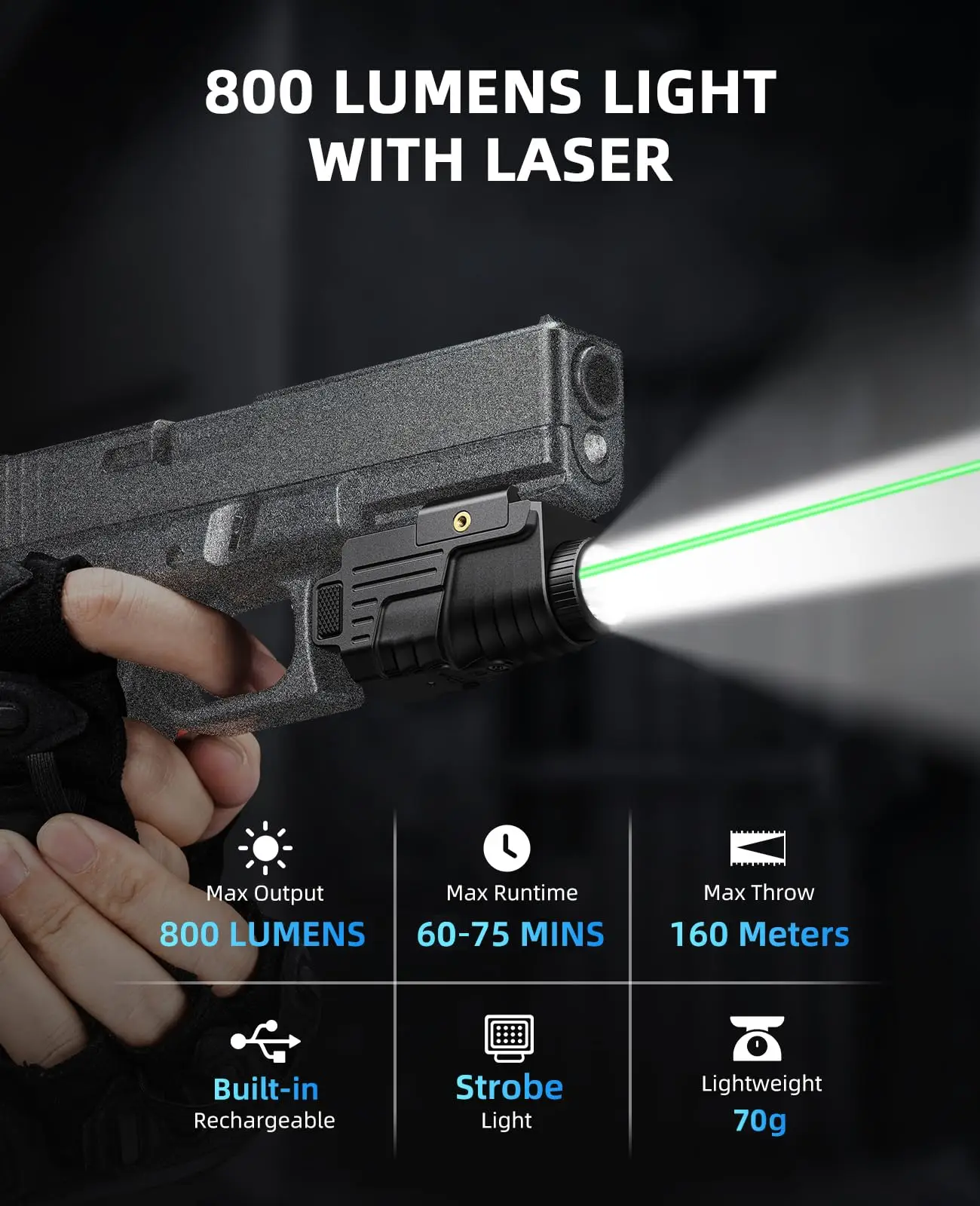Pistol Flashlight 800 Lumens Rechargeable Compact for Glock Picatinny Rail