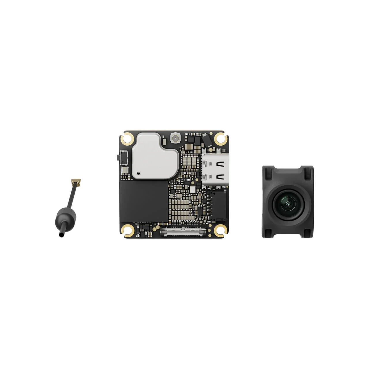 Vue de côté de l'O4 Air Unit HD FPV 4K montrant ses ports de connexion.