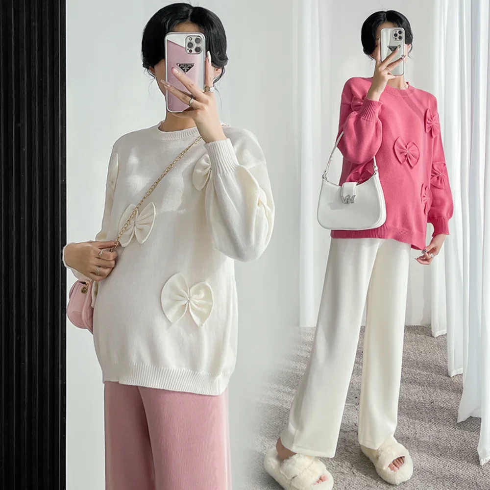 Winter Fashion Maternity Sweaters Korean Bowknot Sweater long sleeve Belly Pregnant Woman Clothes pregnancy photoshoot Sweater