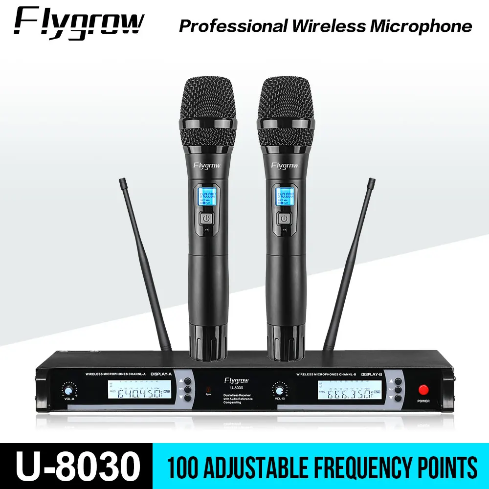 

Flygrow U-8030 беспроводной микрофон, профессиональный 2-канальный UHF металлический Портативный динамический микрофон для встреч, вечерние Show, речи, караоке