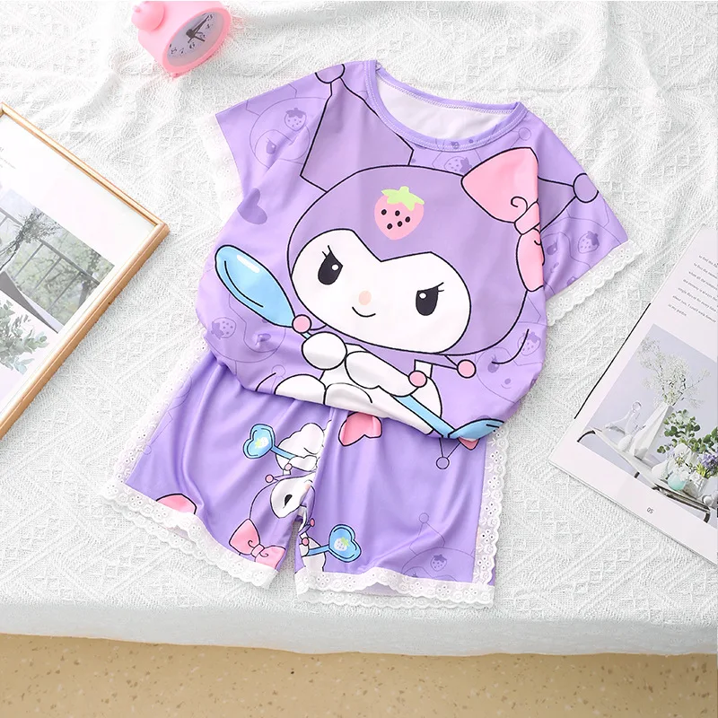 

Girls Pyjamas Kuromi Cinnamoroll Short-Sleeved Sanrio Kawaii Anime Pochacco Tops Pants Summer Thin Babys Homewear Set Kid Gift