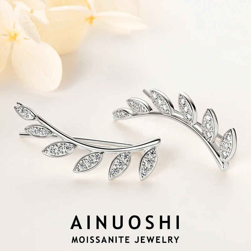 

AINUOSHI 1.5mm&1.2mm Moissanite Clip Earring 925 Sterling Silver Bohemian Ear Cuffs Leaf Clips Earrings for Women Climbers Jewel