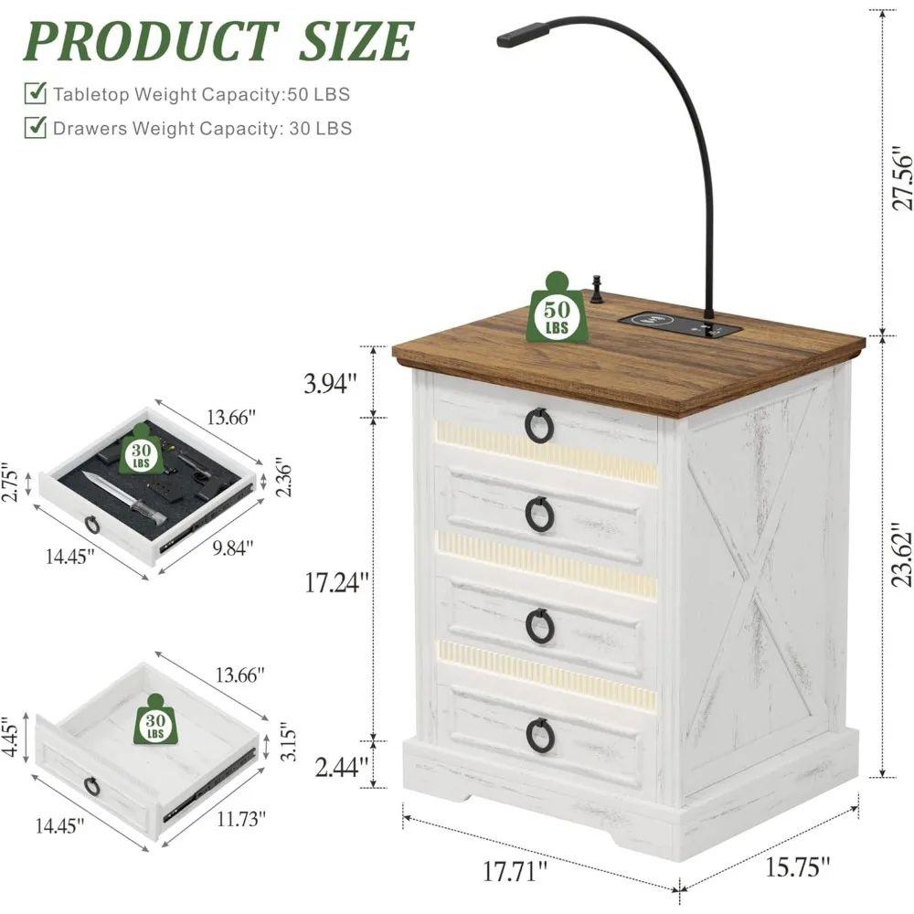 LED Nightstand with Gun Drawer & Reading Light, LED Bedside Table with Charging Station & Human Sensor LED Lights, Nightstands 5