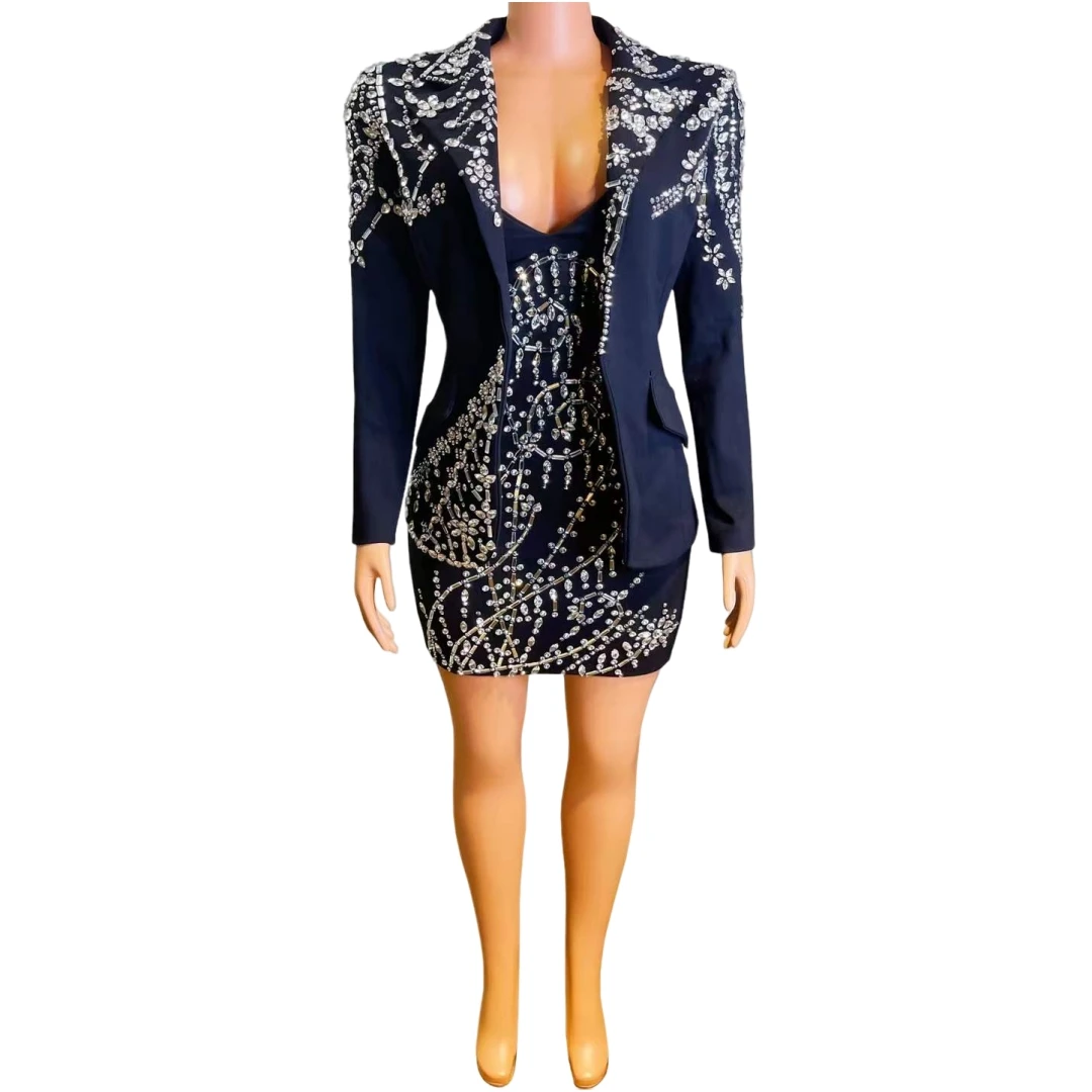 

Sparkly Women Rhinestone Blazer Birthday Party Queen Mini Dress Nightclub Stage Wear DJ DS Gogo Celebrate Outfit