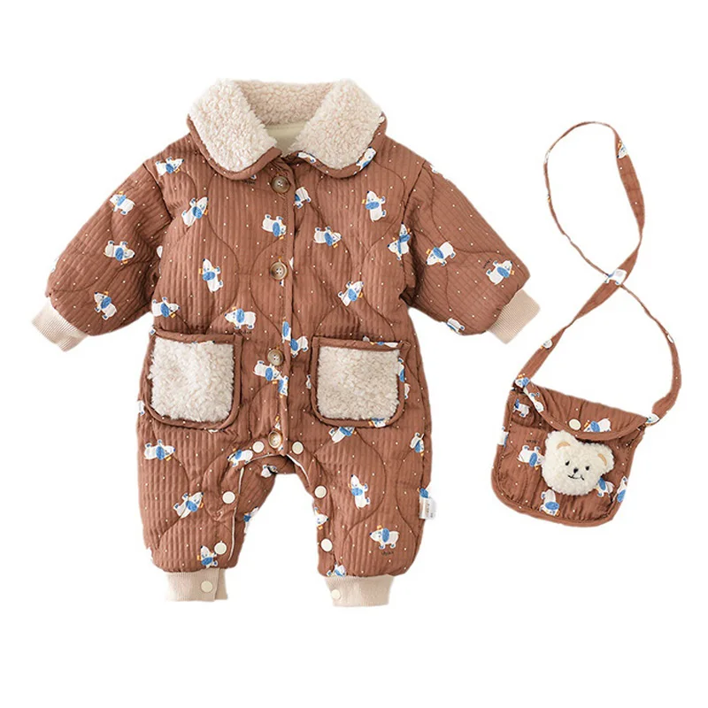 

Cute Bear Winter Baby Romper Thicken Fleece Jumpsuit Boy Girls Toddler Infant Clothes Newborn Onesie with Bag Korean Kids Outfit