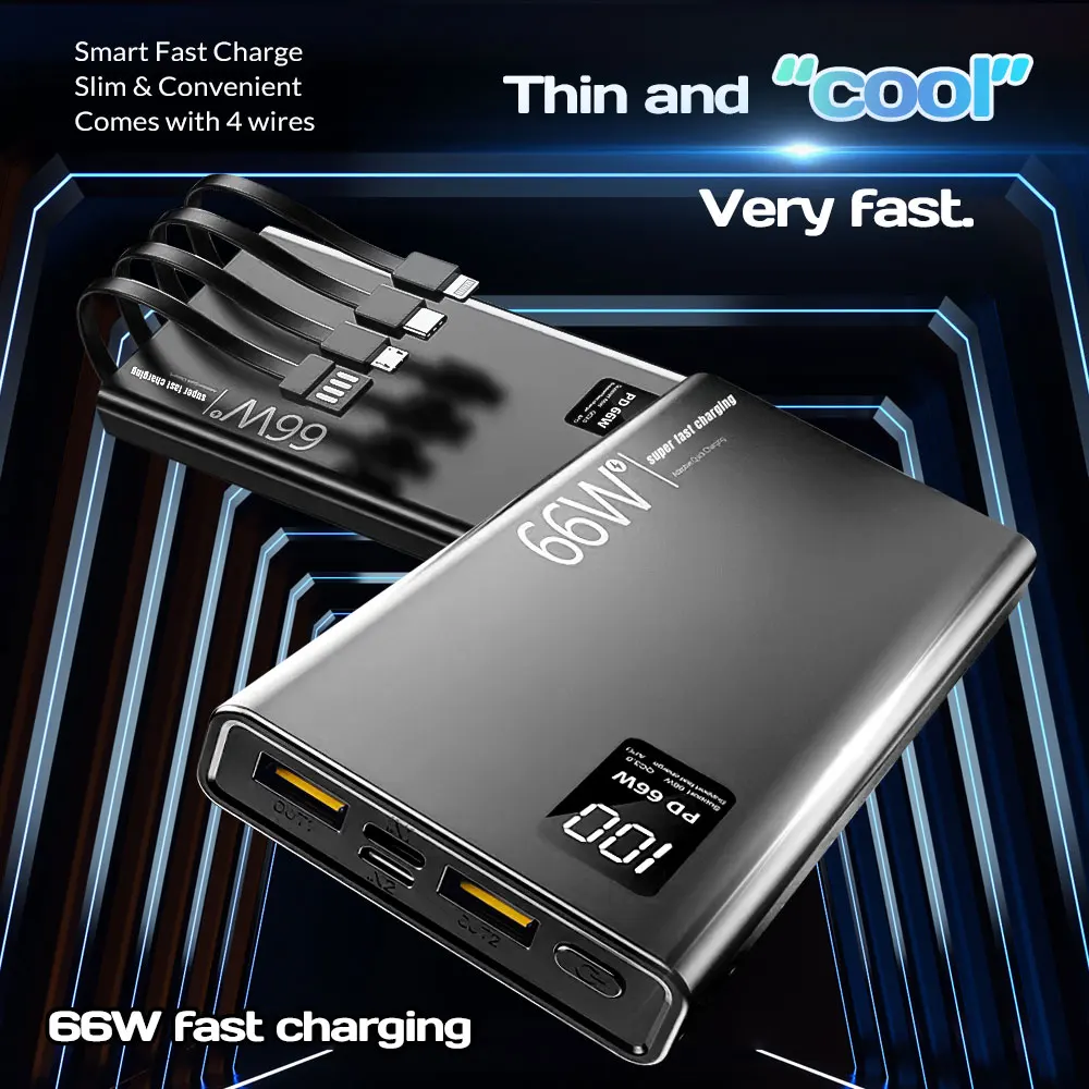 20000mAh Power Bank 66W Super Fast Charging For 20W  Built-in 4 Cables Portable Digital Powerbank External Battery 3