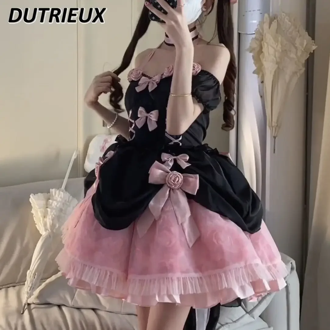 

Lolita Pink Rose Girls Color-Matching Y2k Dress Sweet Princess Style Waist-Tight Fishbone Off-shoulder Short Dresses for Women