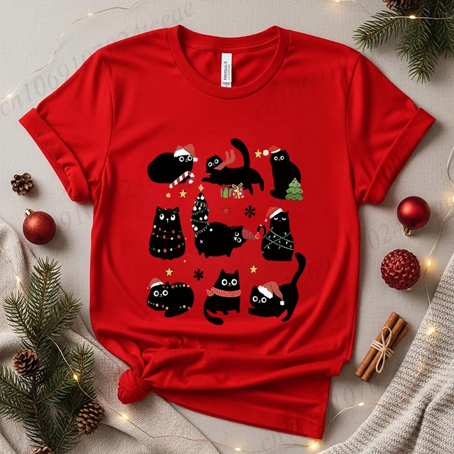 Cute Black Cat Christmas Shirt Clothes Funny Holiday Cats with Santa Hats Lights T-Shirts Graphic Tee Tops Xmas Party Clothing 1
