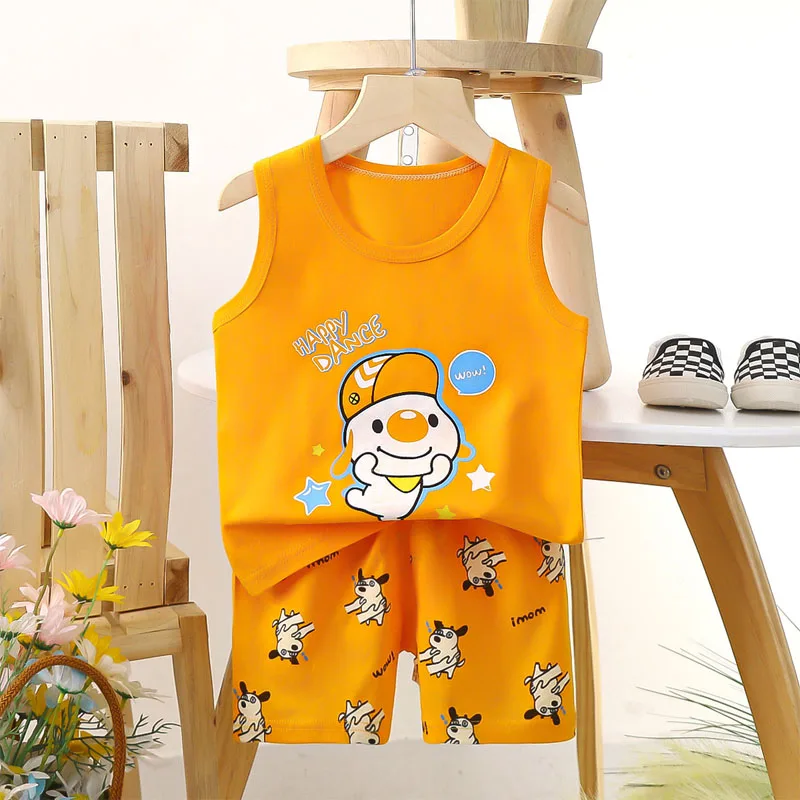 Boys Vest Set Summer Cotton Children's Sleeveless Cartoon Wool Comfort Class A Thin Two-piece for 6-9months