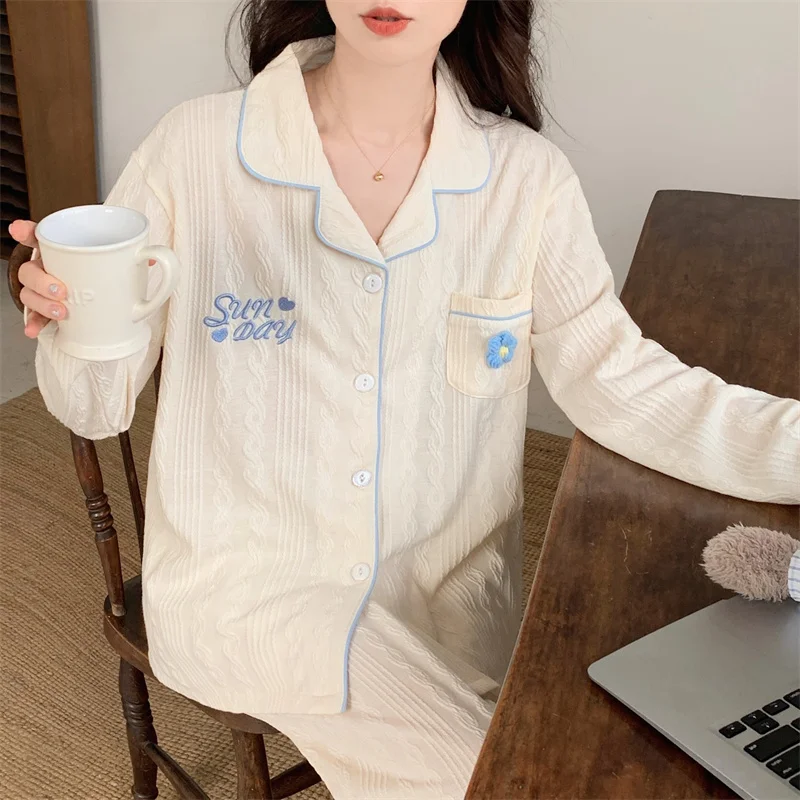 Spring Autumn Women's Thin Cotton Pajamas Long Sleeve Cardigan Pants Oversized Home Clothing Set Sweet Cute Girl Sleepwear