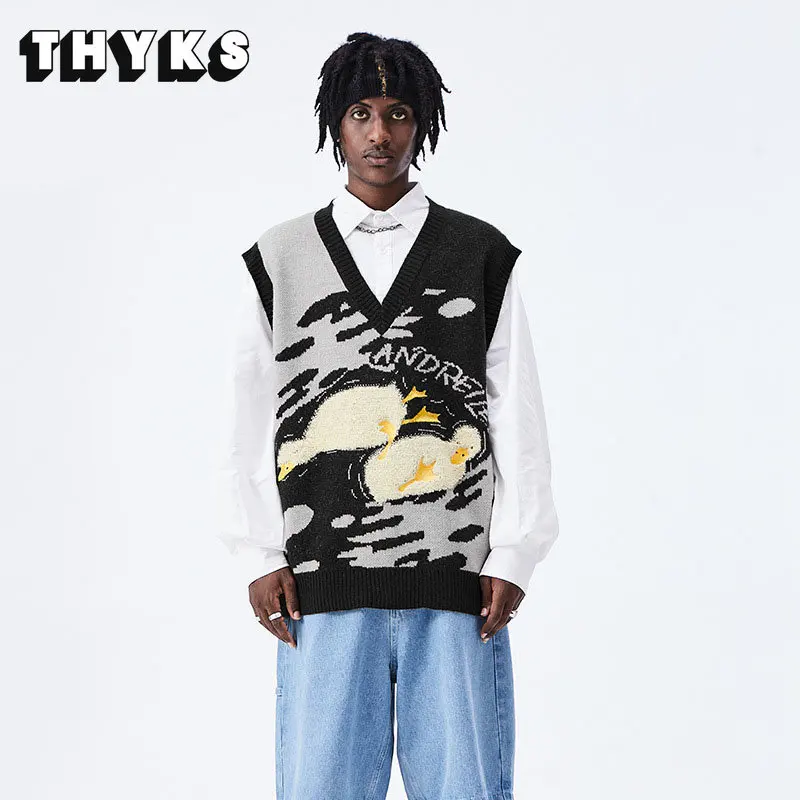 

Cartoon Men's Sweater Vest Fashion Cute Duck Pattern Versatile V-Neck Sweater Casual Loose Streetwear Couple Sweater Vest Men