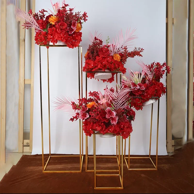 

4Pcs Wedding Centerpiece Gold Plated Geometric Flower Stand Home Decoration Shiny Metal Iron Rectangle Square Frame Backdrop