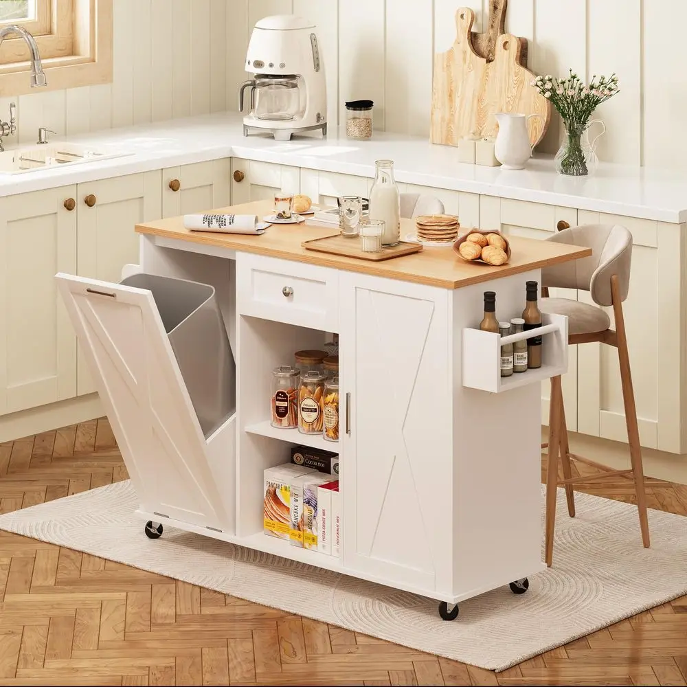 Rolling Kitchen Island with Drop Leaf amp Trash Can Storage, Kitchen Island Cart with Spice Rack amp Towel Rack, Mobile Island 1