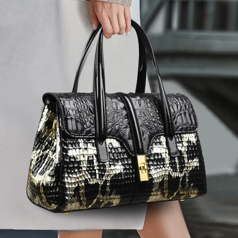 

Luxury Designer Brand New High Quality Crocodile Print Fashion Color Contrast Shoulder Bag for Women Boston Tote Free Shipping
