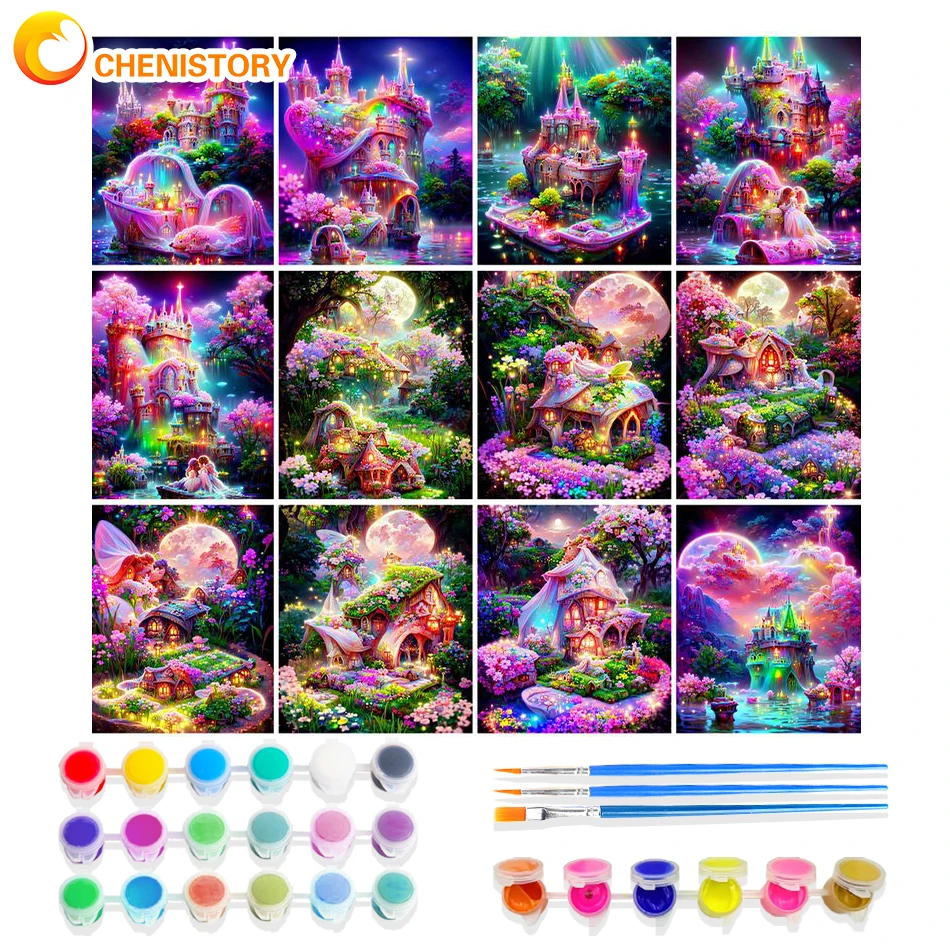 

CHENISTORY DIY Painting By Numbers Castle View On Canvas Frame Oil Picutres Drawing By Number HandPainted Coloring Home Decor