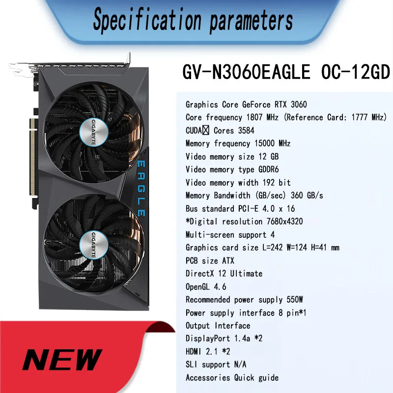 GIGABYTE GeForce RTX 3060 EAGLE OC 12G 15000MHz GDDR6 12GB ATX RTX3060 Support AMD Intel Desktop CPU LHR NEW graphics card for gaming pc
