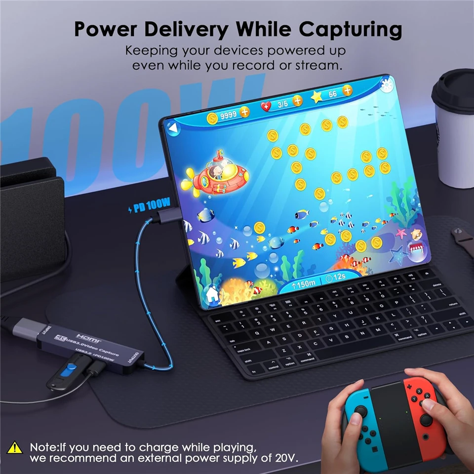 USB 3.0 Video Capture Card With 100W PD For Meta Quest 3 iPad HDMI to USB/Type-c