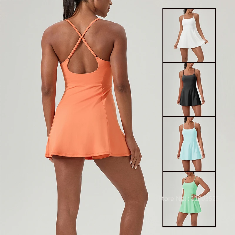 Women's Adjustable Straps Sports Tennis Dress Sexy Hollow Back Running Dresses Sleeveless Fitness Tennis Skirts GYM