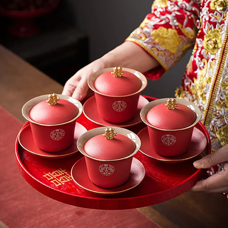 Wedding Tea Cup Set, Black Tea Pot, Three Talent Bowl Covering, Wedding Supplies