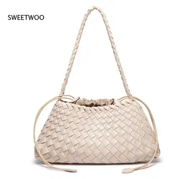 Borsa a Spalla Intrecciata da Donna in Morbida Pelle con Sacchetto Interno con Coulisse, Borsa a Secchiello 2-in-1 per il Pendolarismo Quotidiano