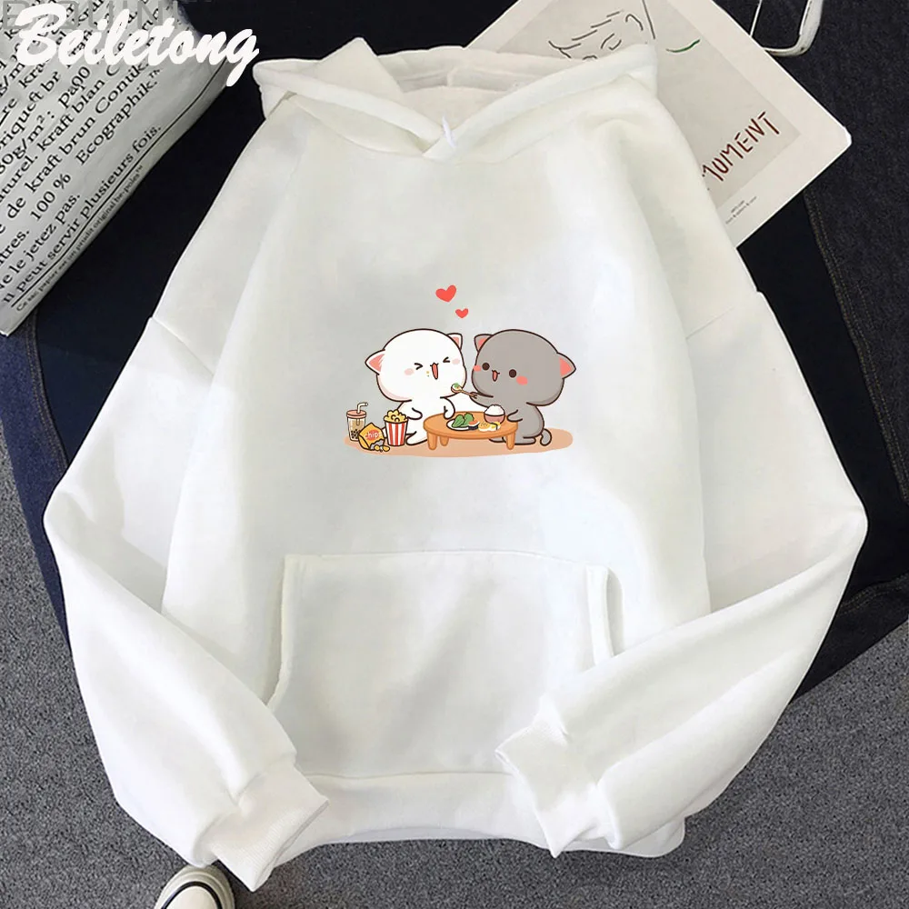 

Peach Cat Cute Printed Cartoon Long Sleeve Hoodie Sweatwear Couple Spring Fall Sweatshirt Solid Color Kangaroo Pocket Pullover