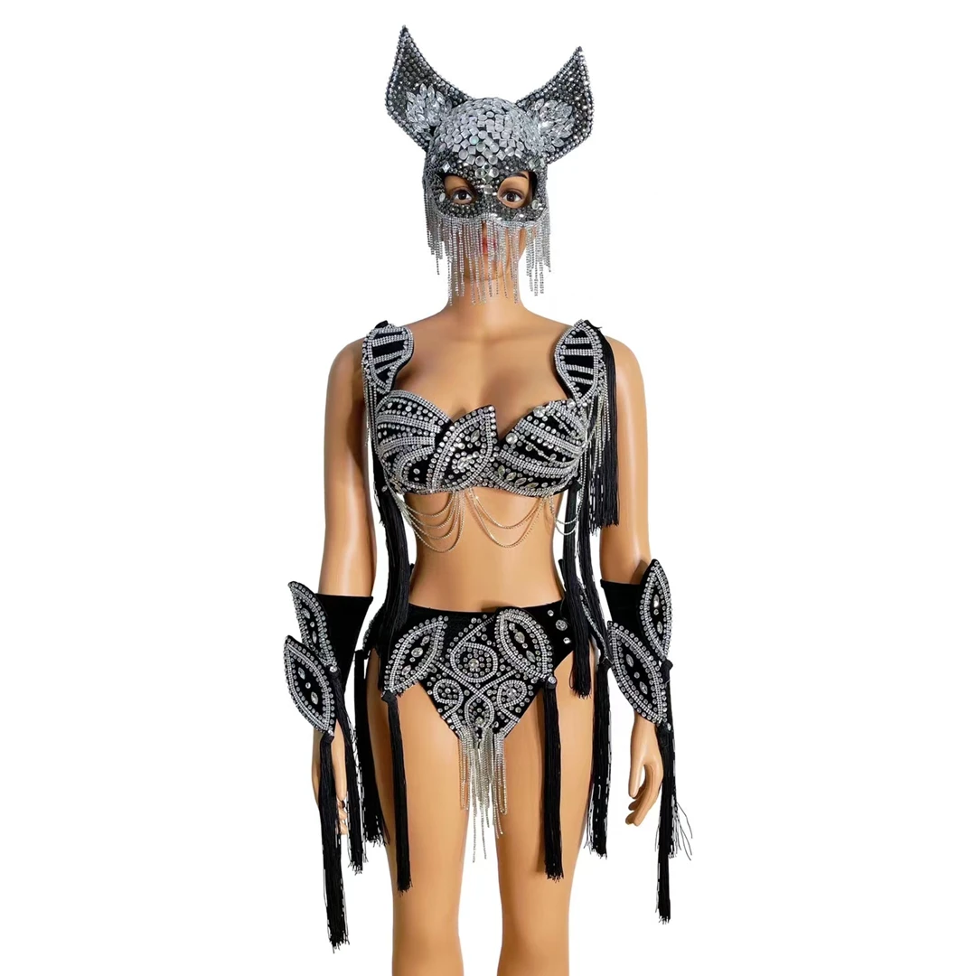 

Black Cat Showgirl Bikini Suit with Headdress Rhinestones Halloween Rave Festival Clothing Women Cosplay Drag Queen Costumes