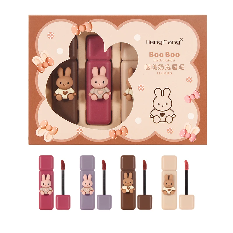 

Korean Cartoon Cute Matte Lip Gloss Makeup Set Velvet Liquid Lipstick Lasting Non-Stick Cup Maroon Mousse Lip Gloss Mud Cosmetic