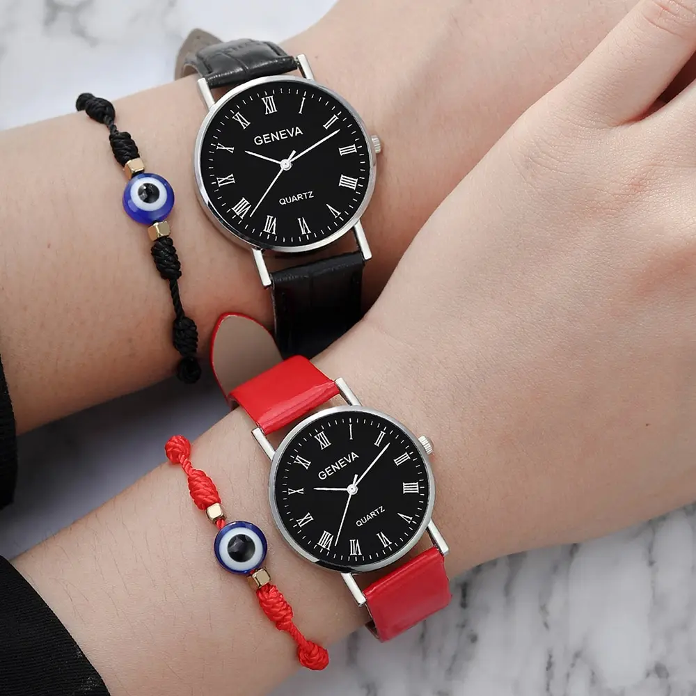 4pcs Couple Quartz Watch Woven Bracelet For Couple Date Roman Numerals Watch Blue Evil Eyes Couple Bracelet Watch Set 1