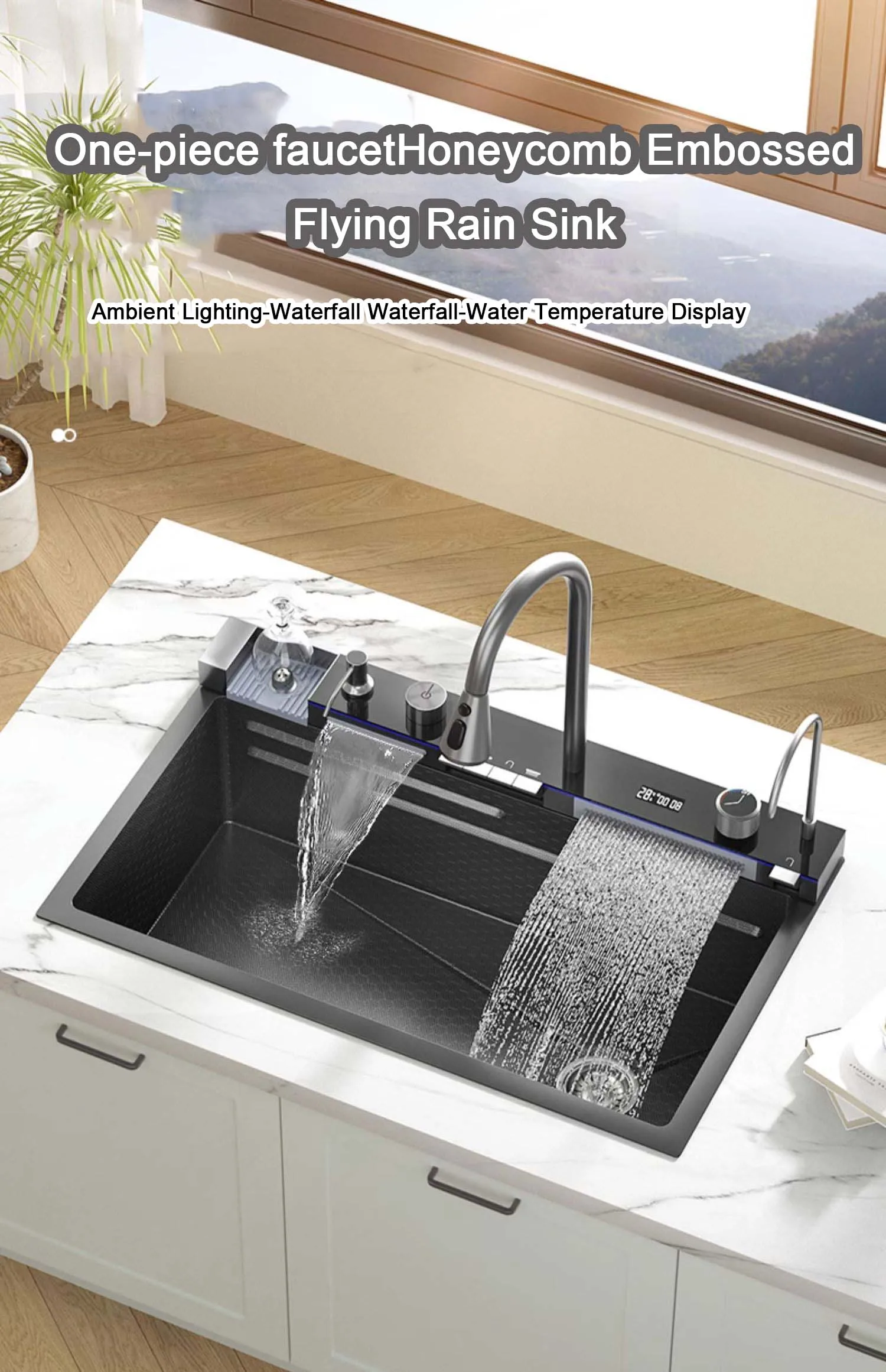 Description Picture 3 of item5MM thickness SUS304 Stainless Steel Waterfall Kitchen Sink Large Single Slot Integrated Digital Display Faucet Set Cup Washer