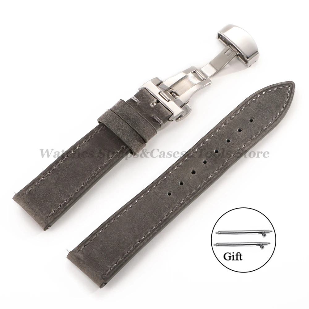 Vintage-Style Crazy Horse Leather Watch Strap with Butterfly Buckle and Timeless Stitching