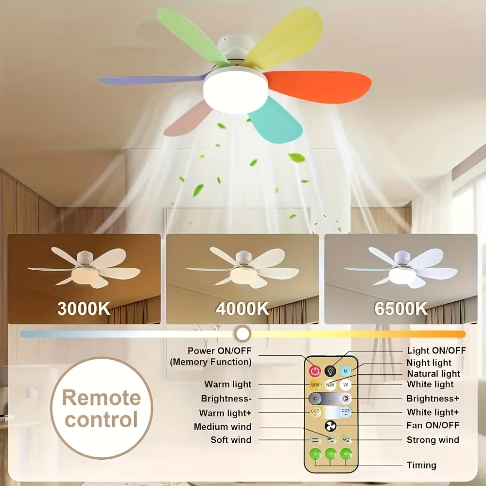 LED smart ceiling fan light With remote control timer 6 fan blades 3 speeds adjustable brightness and color temperature