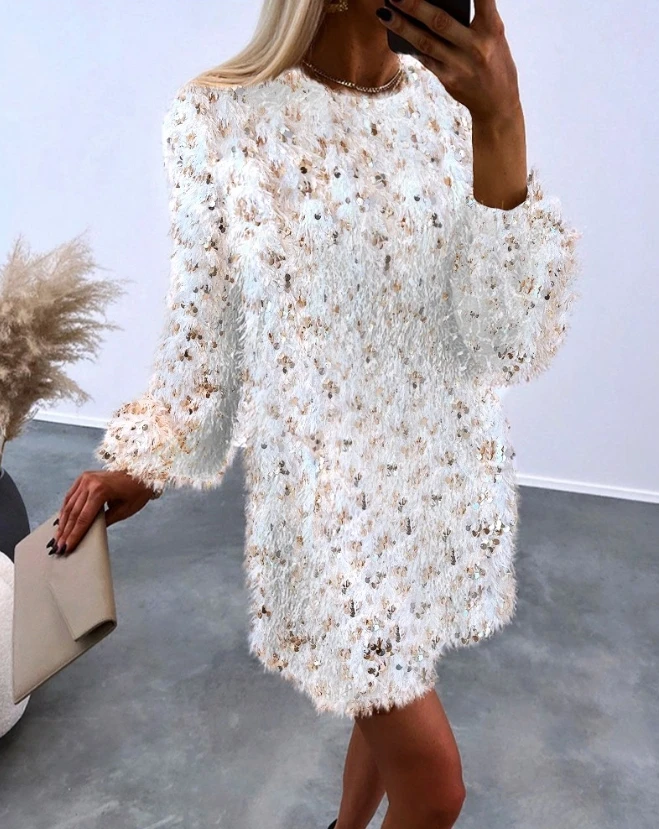 

Fall Winter Women Elegant Party Night Dress Contrast Sequin Fluffy Round Neck Long Sleeve Dress Fashion Straight Mini Dress