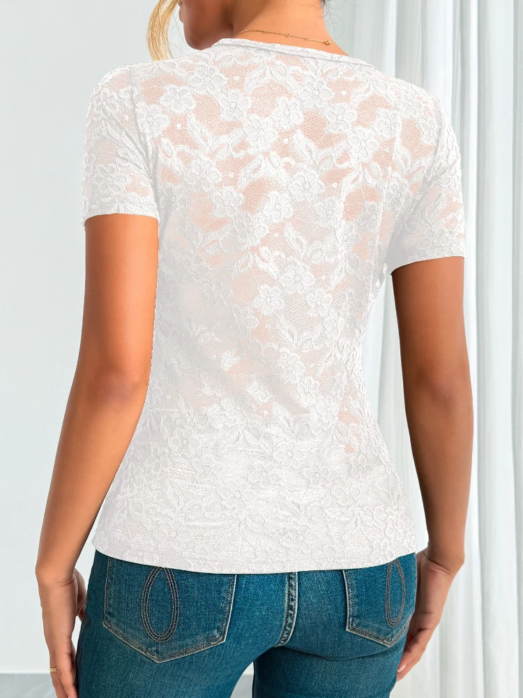 Spring New Solid Color Women's Slim-fit V-neck Short-sleeved Shirt Summer Elegant Women's Lace Short Semi-transparent Blouse