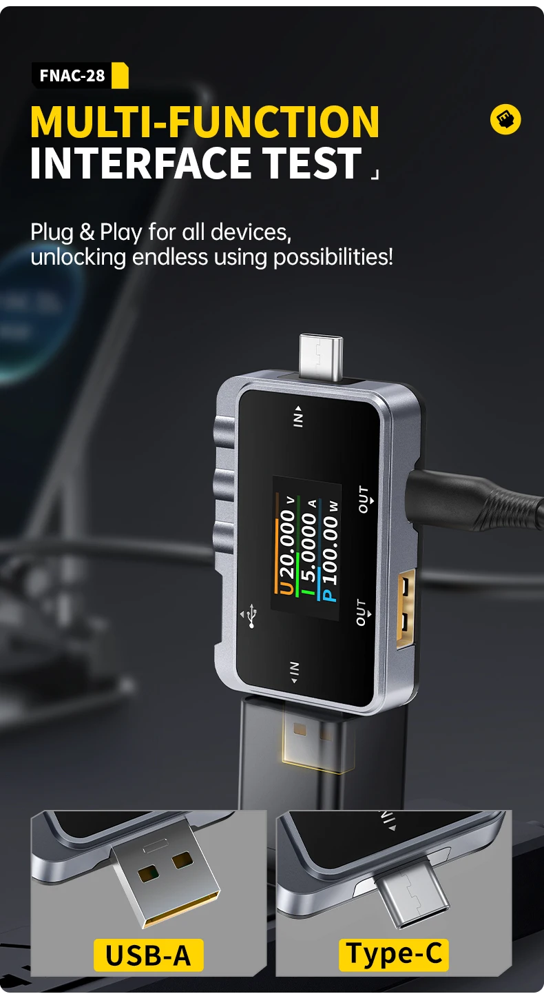 FNAC-28 тестер USB Type-C 2 в 1, цифровой амперметр и вольтметр 6.5А