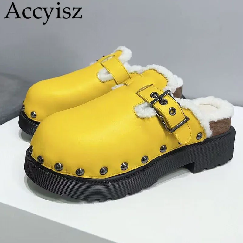 

Winter New Baotou Half Slippers Women Genuine Leather Rivet Thick Bottom Wool Slippers Daily Mixed Color Belt Buckle Flat Shoes