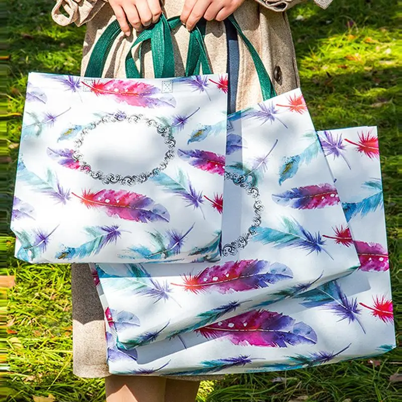 Reusable Bag Shopping Bag Shopping Pouch Non-woven Fabric Storage Folding Bag Feather Printing Waterproof Traval Bag Grocery Bag 5