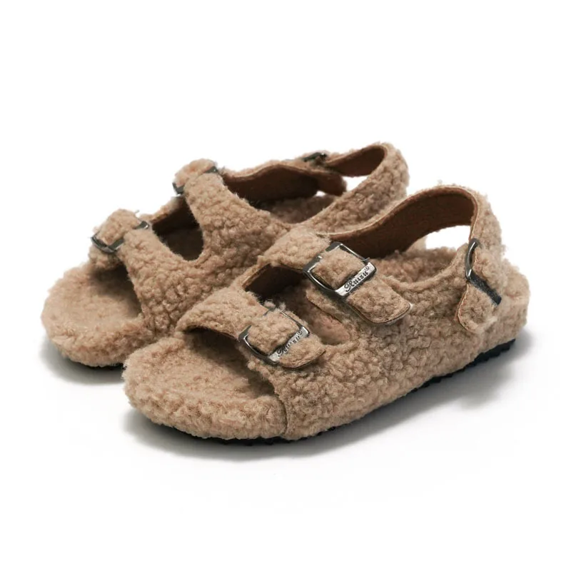 2022 Baby Boy/Girl Wool Shoes Winter Cork Sandals Infant Double Buckle Band Lambswool Shoes Child Plush Cotton Fur Clog Boots