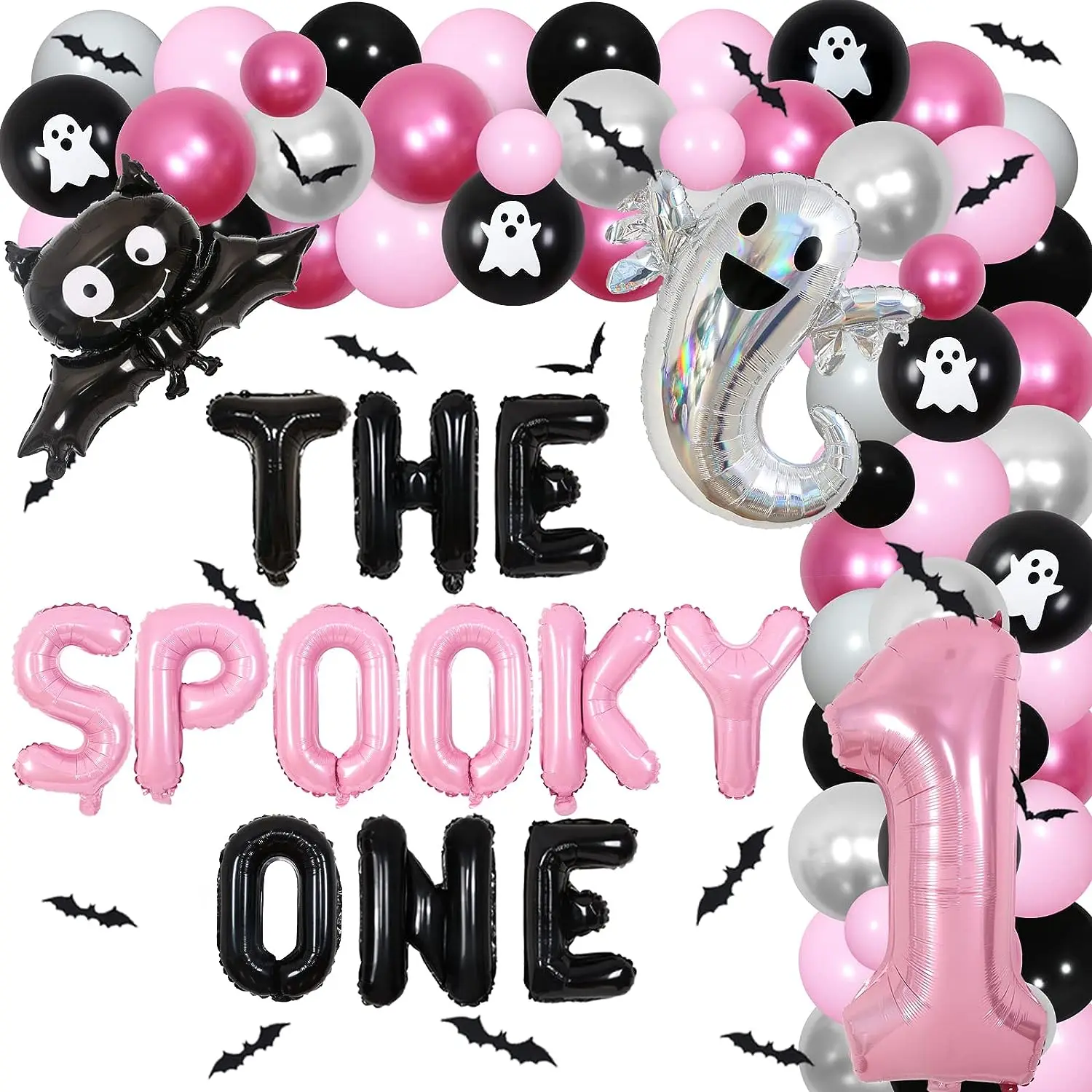 

Spooky One Halloween 1st Birthday Decorations for Girls Pink Black The Spooky One Balloons Bat Wall Stickers Ghost Foil Balloons