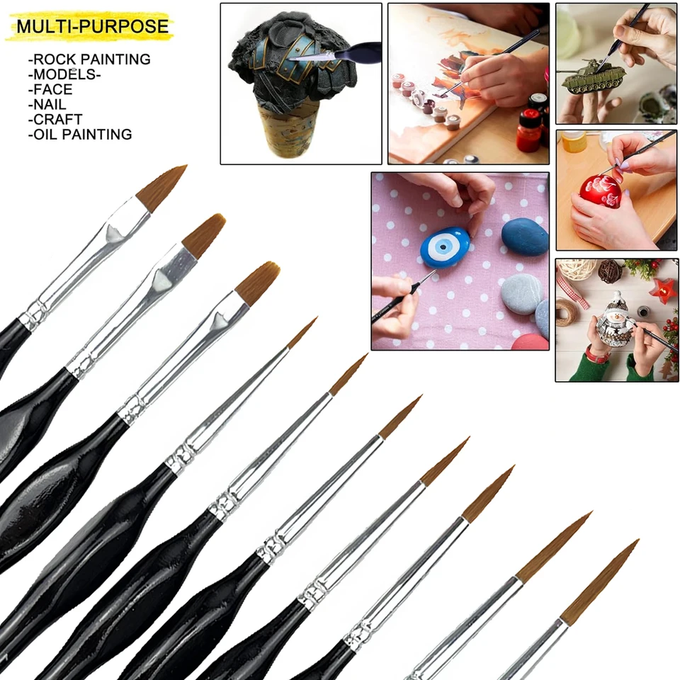 11 Pezzi Pennelli Set, Pennello Acquerello Dell'artista con Manici Triangolari, Pennelli Pittura per Dettagli Ultra Fini di Dimensioni Assortite per Acquerello Olio e Nail Art (Nero