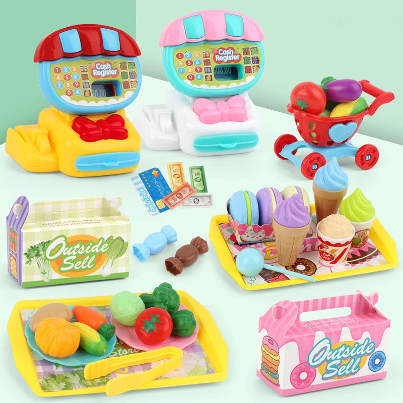 Supermarket Cashier Toys Mini Supermarket Cash Register Play House Shopping Cart Set Children's Toys