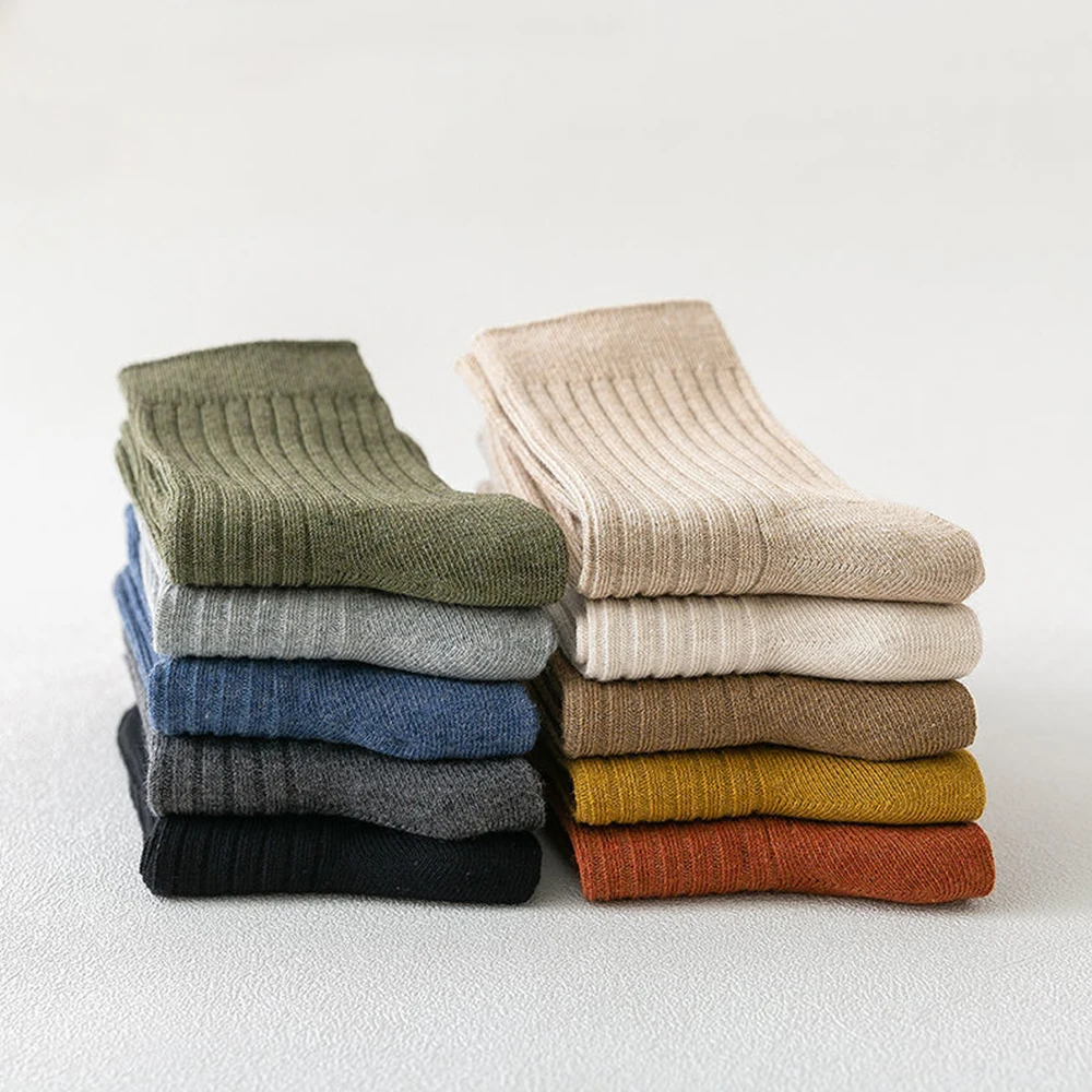 Men Cotton Socks 5Pairs Casual Harajuku Solid Color Comfortable Business Stripe Fun Socks Soft Simple Fashions Sports Sox Gift