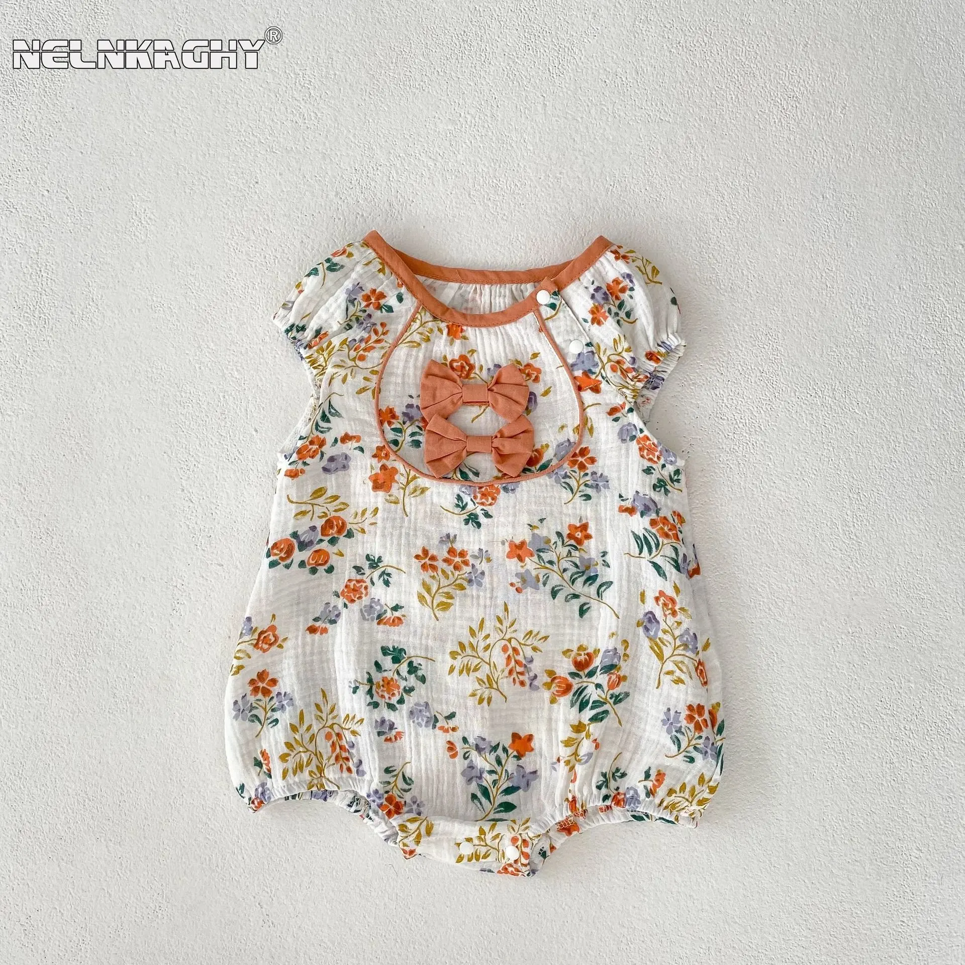 

2023 New In Summer Newborn Baby Girls Sleeveless Bow Floral Double Wrinkled Cotton Outwear Infant Kids One-pieces Bodysuits 유아복