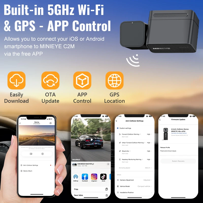 MINIEYE C2M Collision Avoidance Device Smart DashCam 1944P 140&deg; Wide Angle Front Night Vision with ADAS Lane Departure Warning