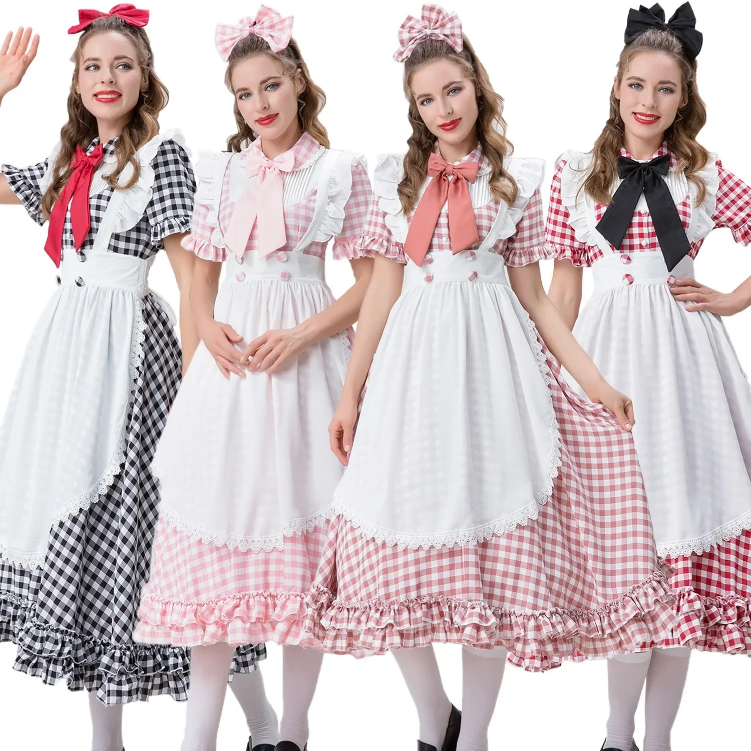 

4Colors Halloween Cosplay French Farm Plaid Dirndl Costume Traditional German Bavarian Beer Maid Costume Oktoberfest Party Dress