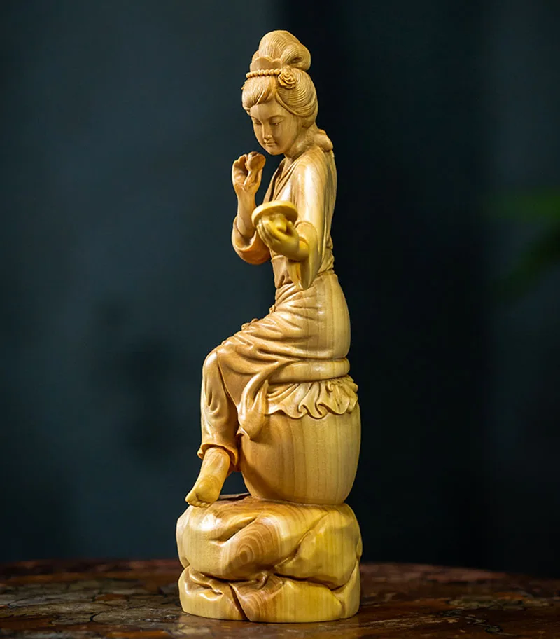 

XS710- 16 CM Tall Beauty Fairy Figure Boxwood Sculpture Feng Shui Wood Carving Beautiful Lady Girl Statue Collection Ornaments