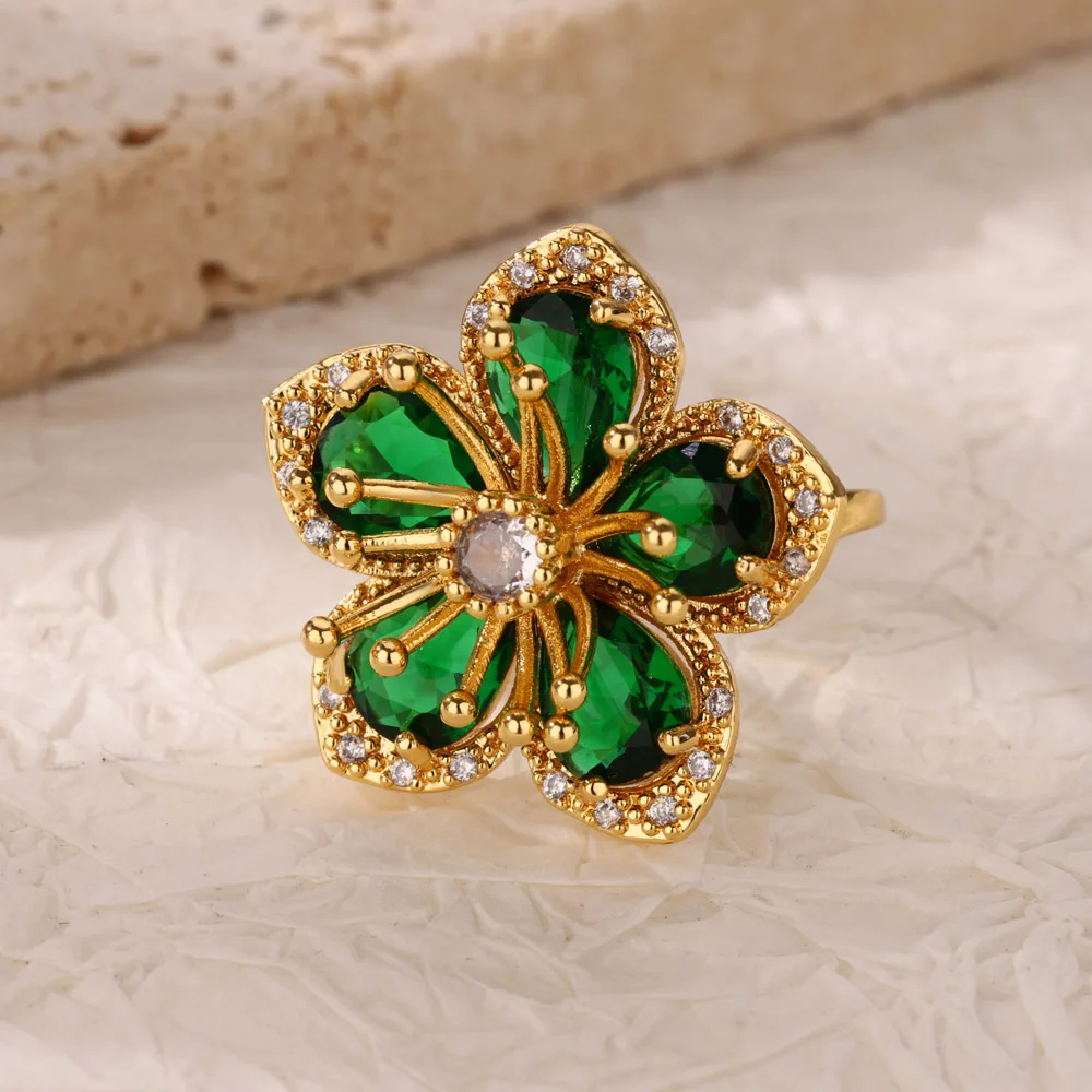 Green Zircon Flower Rings Gold Color Stainless Steel