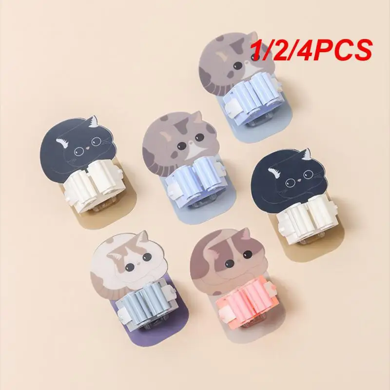 1/2/4PCS Wall Mounted Hooks Mop Organizer Holder Adhesive Cute Cat Multi-Purpose Room Hanger Strong Hooks Kitchen Bathroom Broom