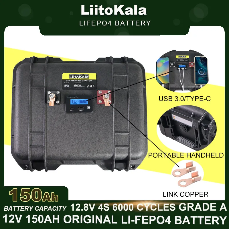 LiitoKala 12v/12.8V 150AH LiFePO4 Battery 4s Multifunctional Portable suitcase for Camp Inverter Car lighter Batteries Charger