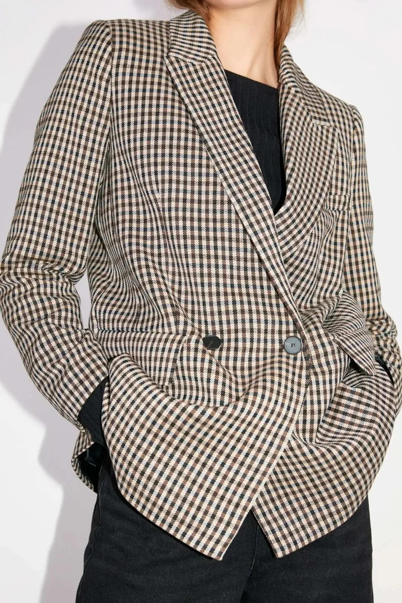 Simple Mid Length Double Breasted Casual Office Blazers British Style Retro Plaid Blazer Suit 2021 Women Lady Work Commute Suit