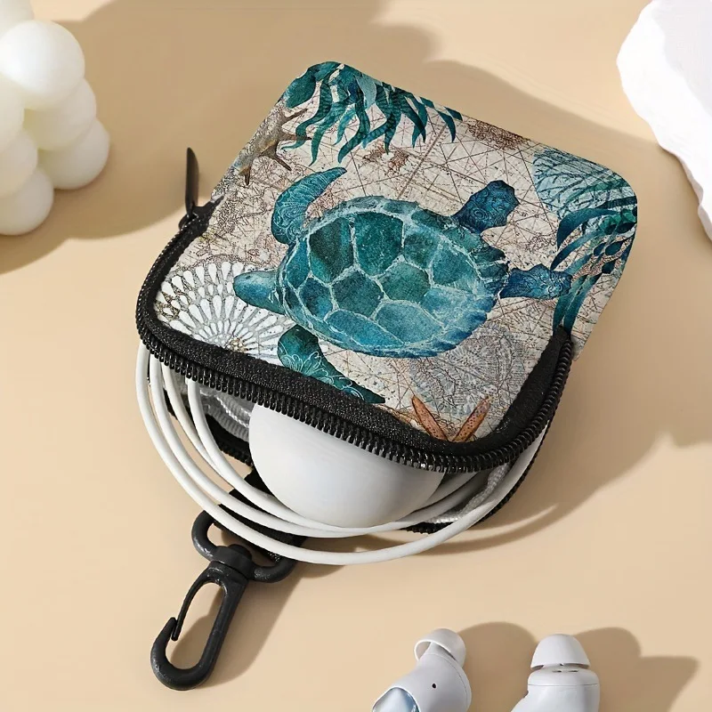 Turtle Print Coin Purse Artificial Leather Colorful Zipper Storage Pouch Multifunctional Mini Earphone Bag